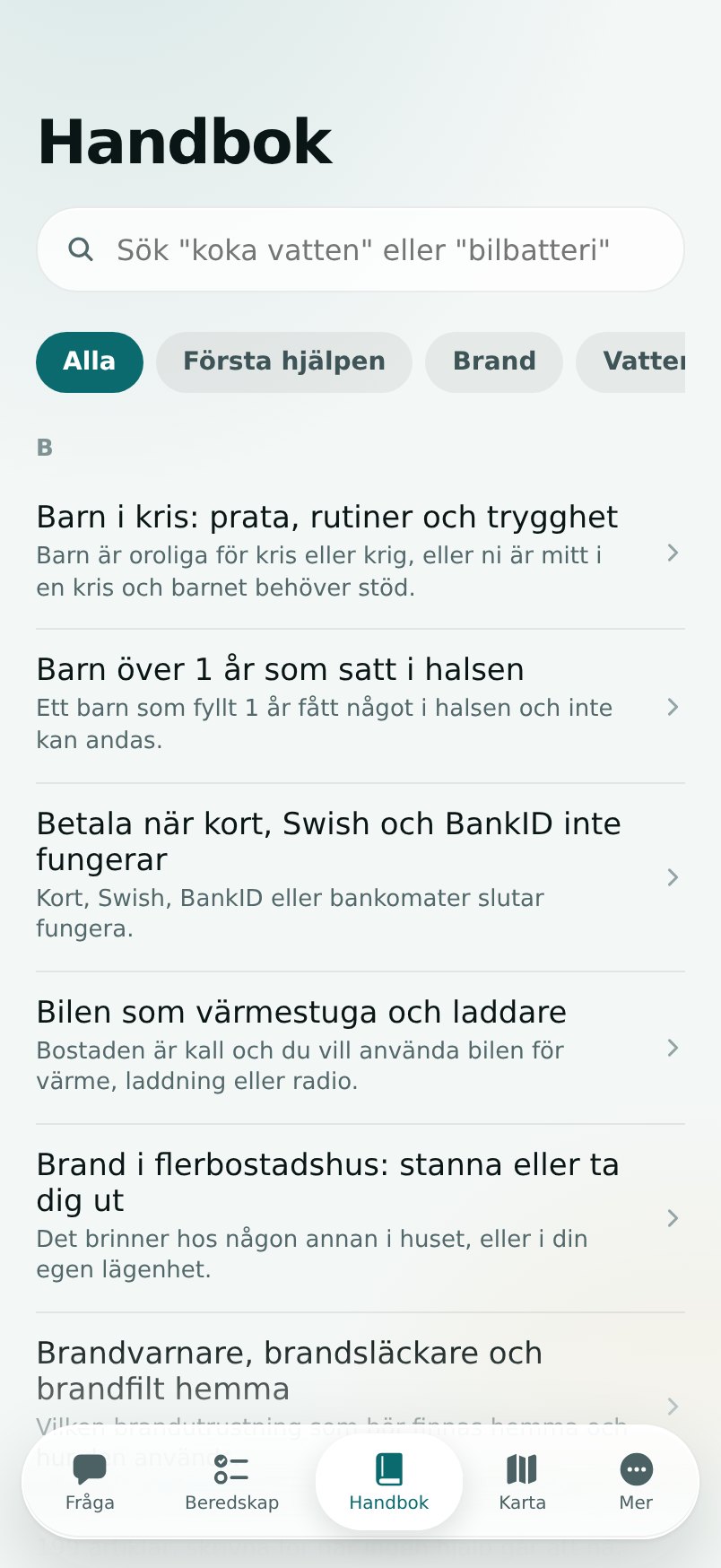 Handboken med sökfält, ämnen och artiklar om barn i kris, betalning och värme