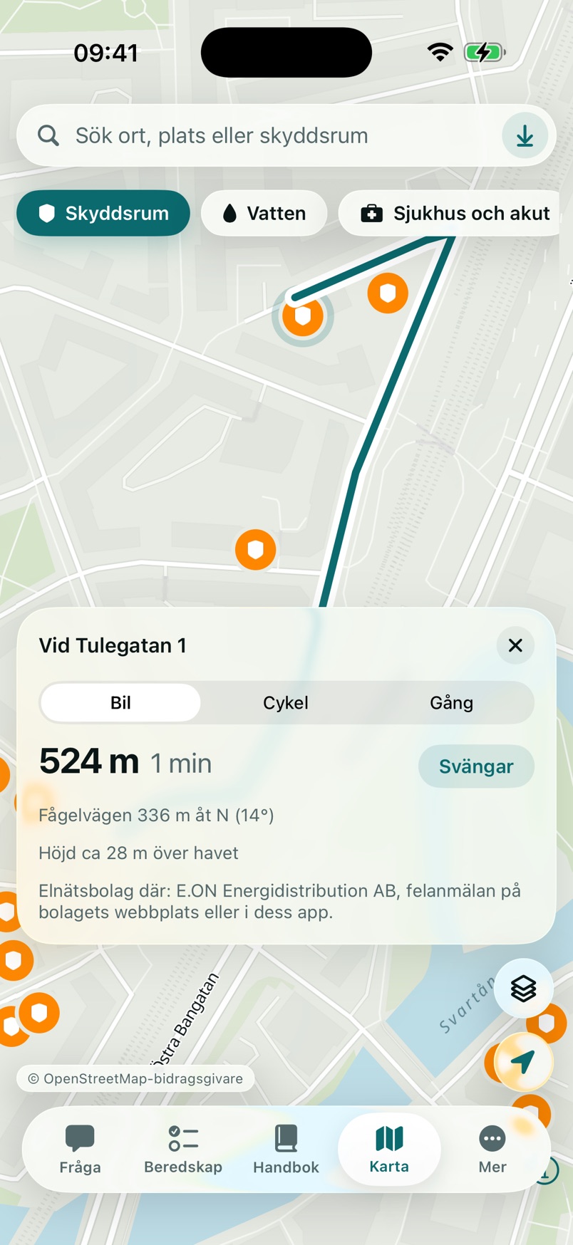 Kartan med vägen till ett skyddsrum, 524 m och 1 minut med bil