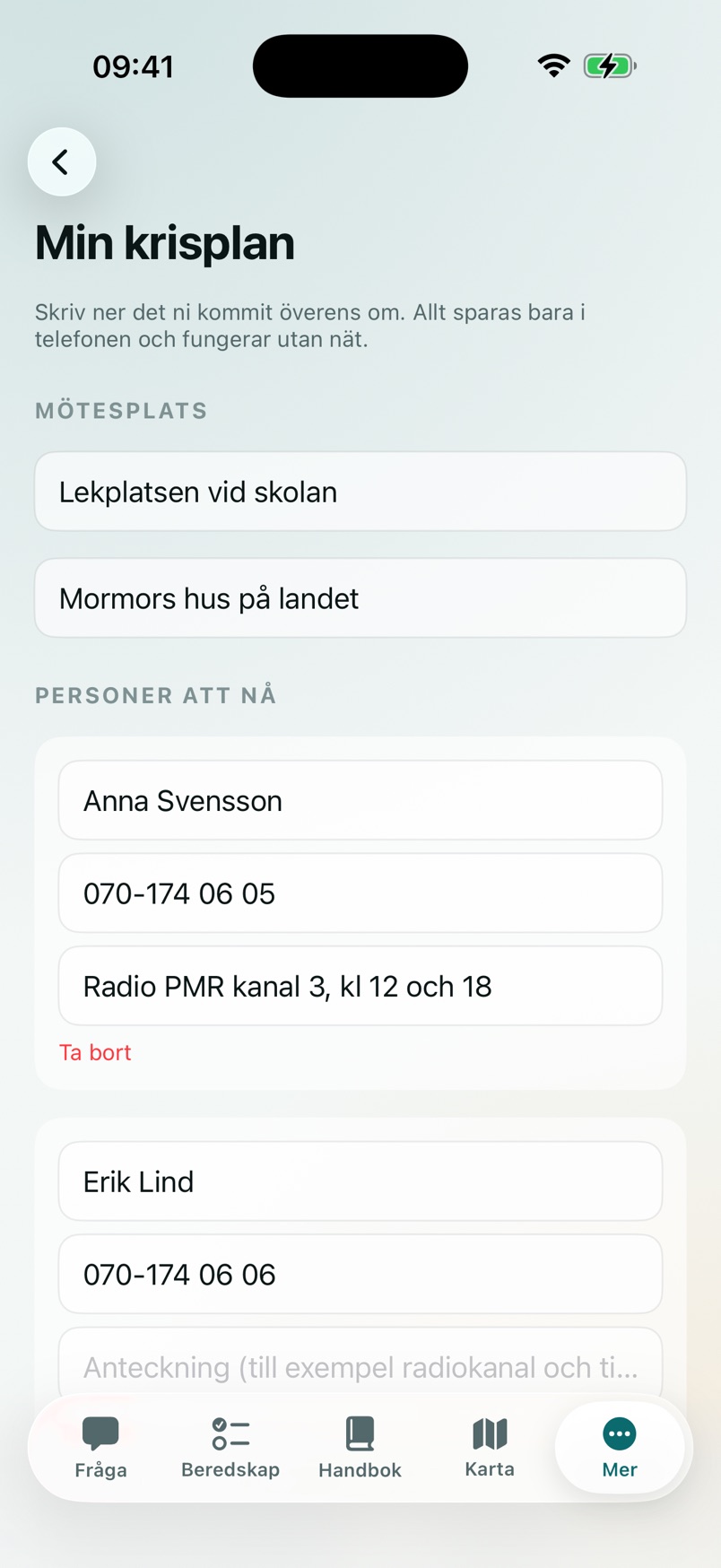 Min krisplan med två mötesplatser och två personer att nå